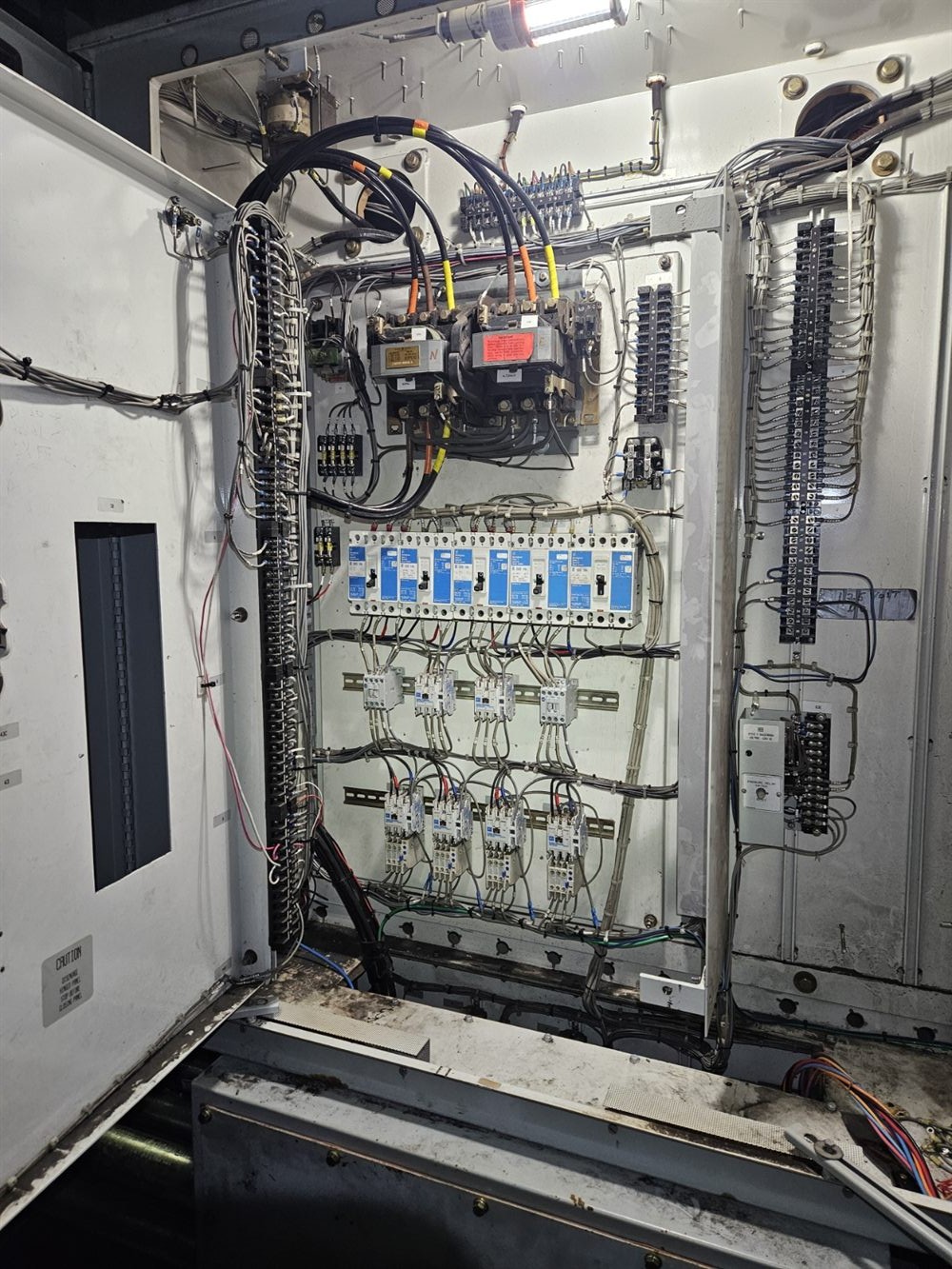 Industrial electrical panel with breakers and wiring